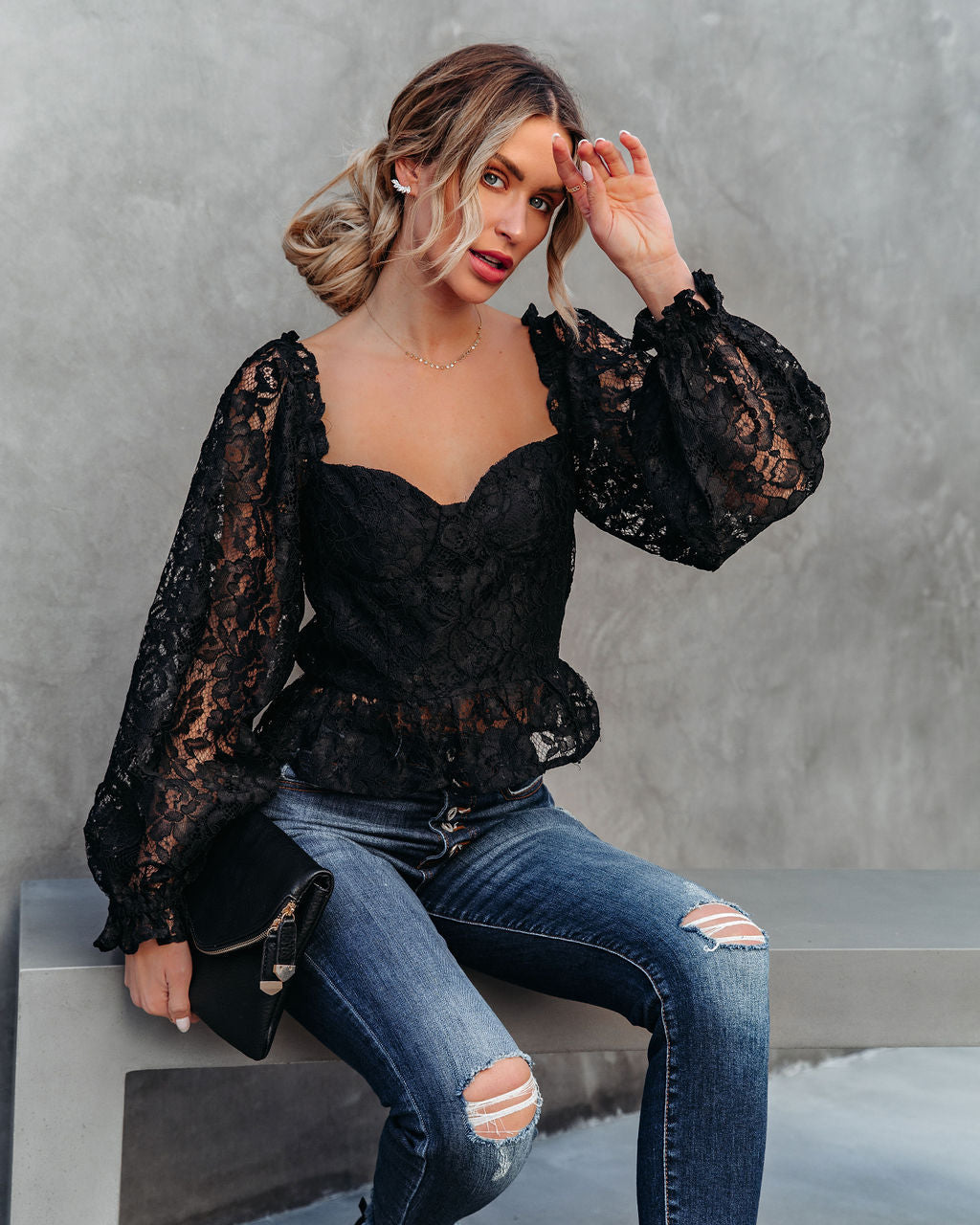 Ready To Mingle Cropped Lace Peplum Blouse - Black Oshnow