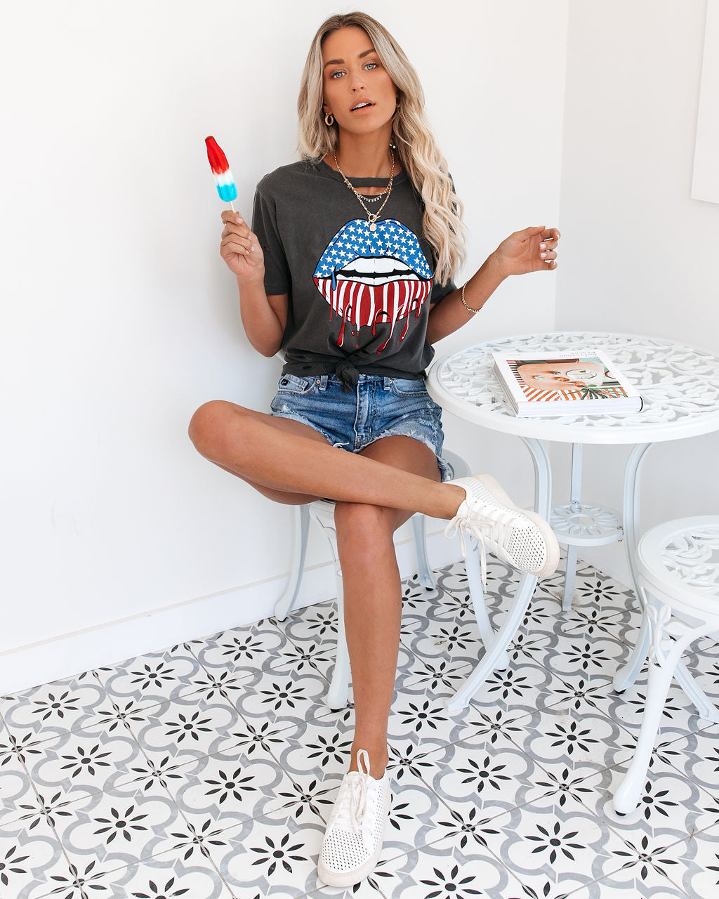 Red, White + Blue Lips Distressed Cotton Tee Oshnow