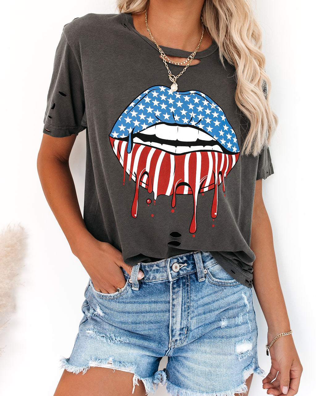 Red, White + Blue Lips Distressed Cotton Tee Oshnow