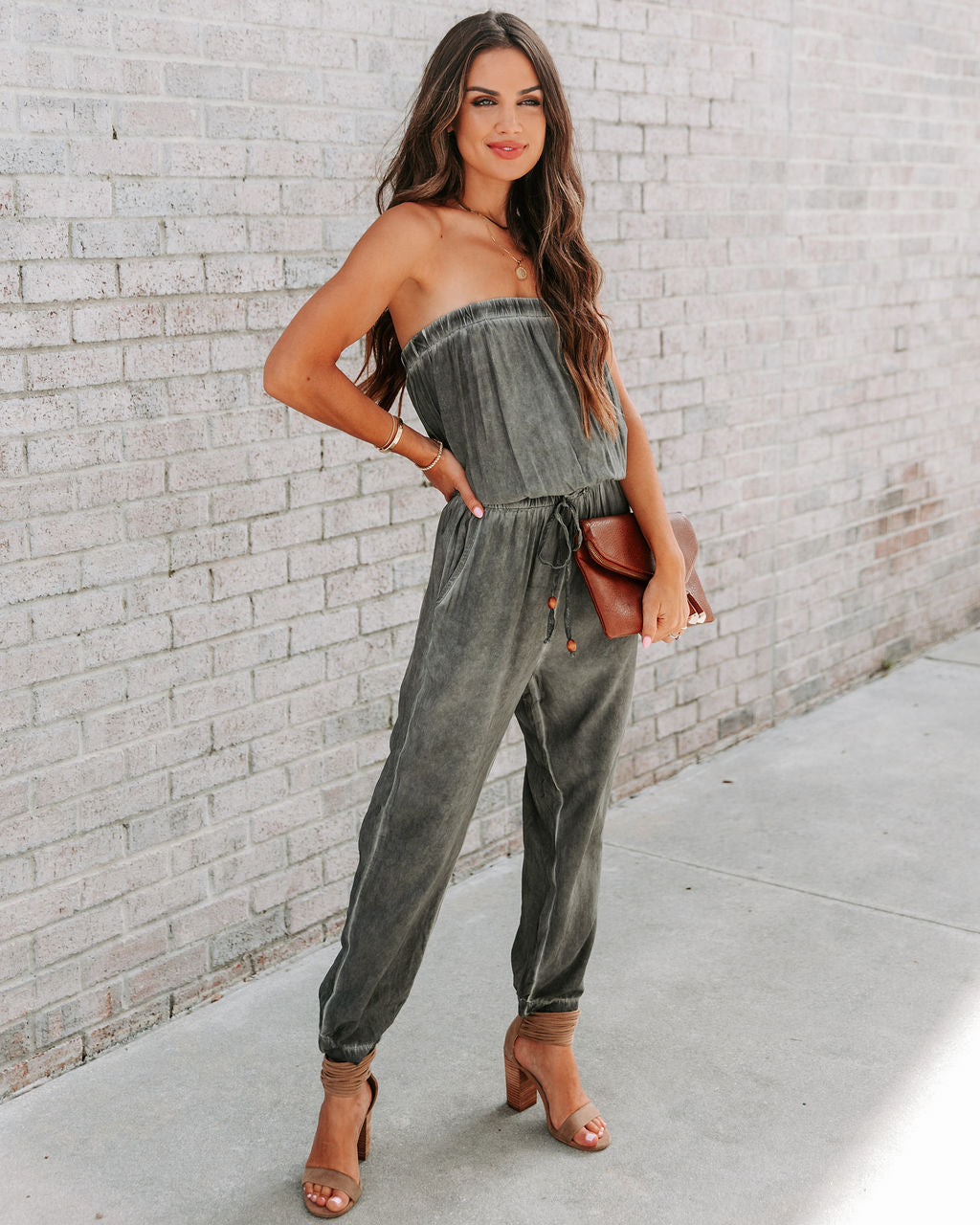 Reevy Strapless Pocketed Jumpsuit - Charcoal Oshnow