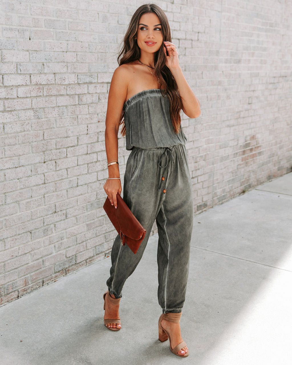 Reevy Strapless Pocketed Jumpsuit - Charcoal Oshnow