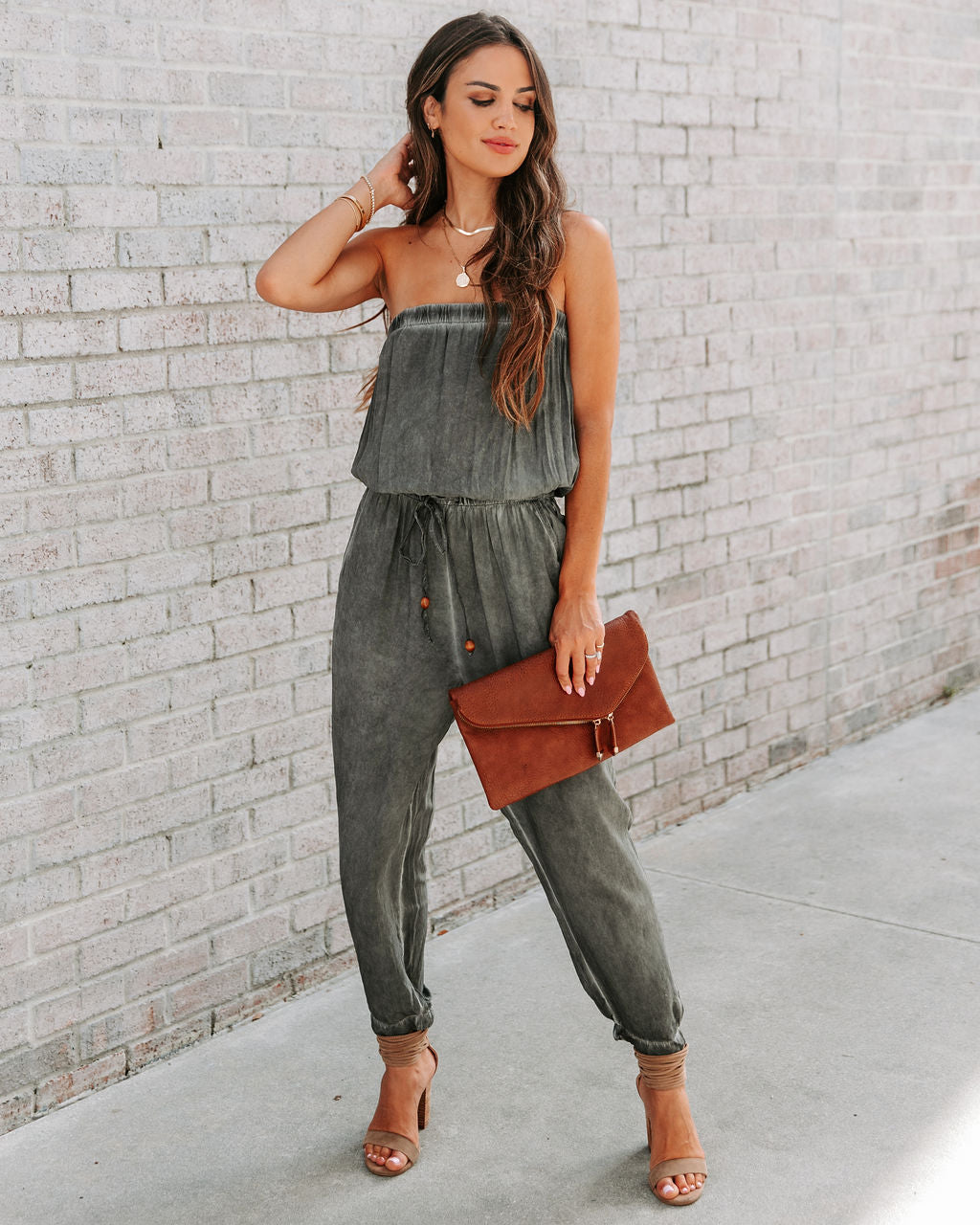 Reevy Strapless Pocketed Jumpsuit - Charcoal Oshnow