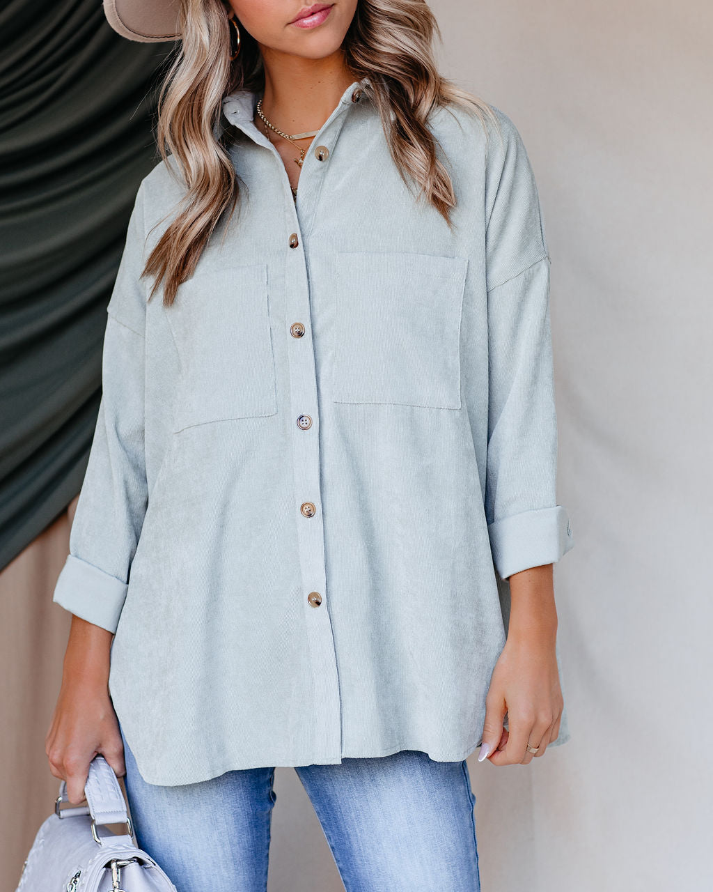 Reilly Corduroy Button Down Pocket Top - Light Sage Oshnow