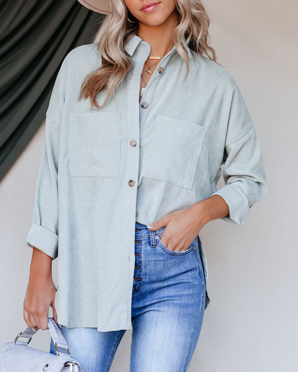 Reilly Corduroy Button Down Pocket Top - Light Sage Oshnow