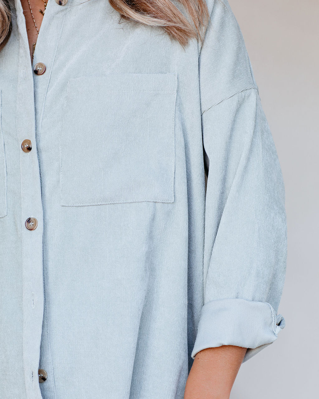 Reilly Corduroy Button Down Pocket Top - Light Sage Oshnow