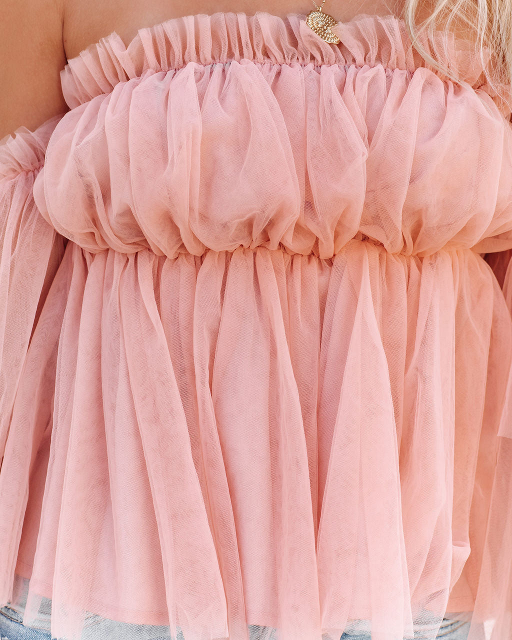 Renley Off The Shoulder Tulle Blouse - Blush Oshnow