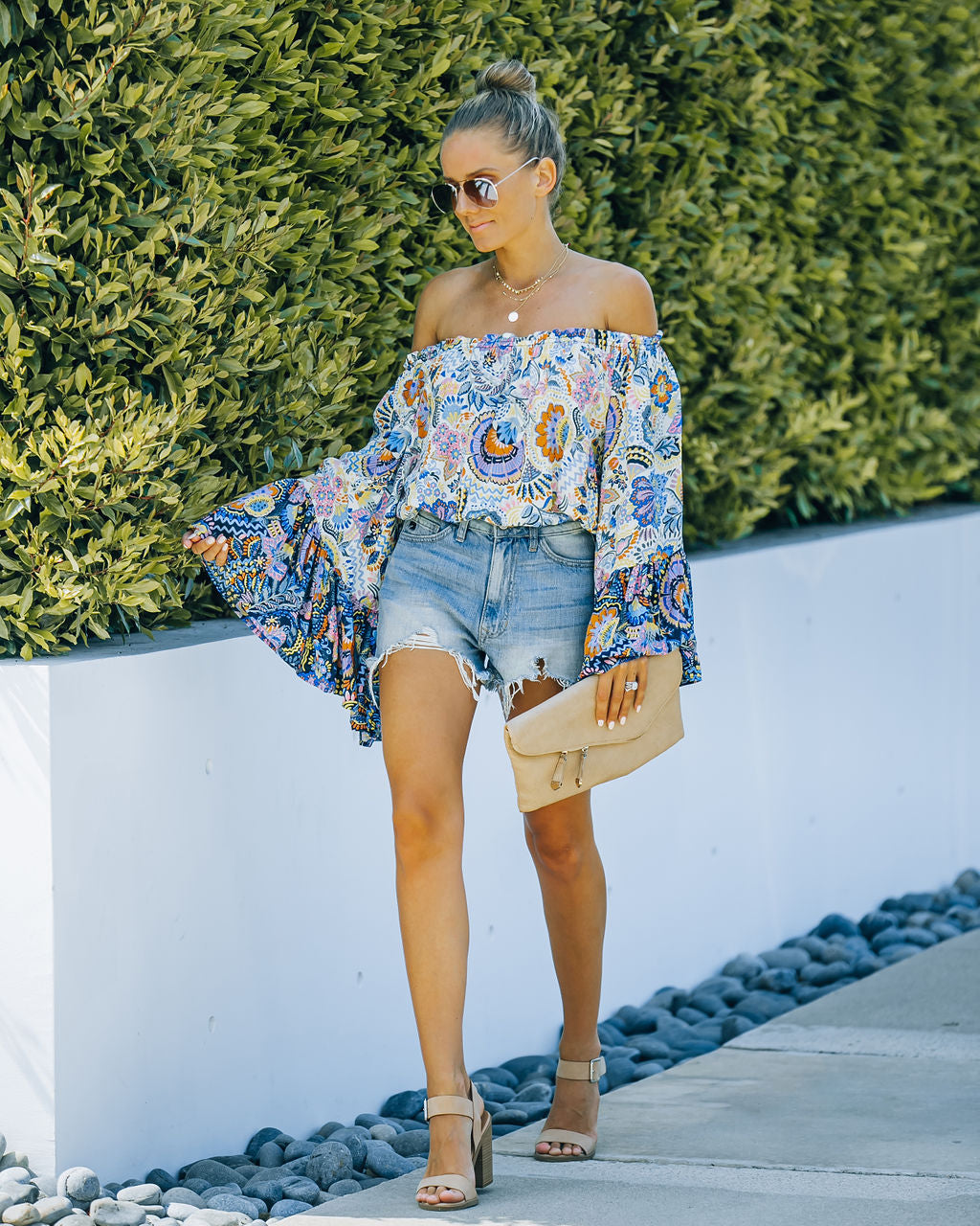 Rhea Printed Off The Shoulder Bell Sleeve Top Oshnow