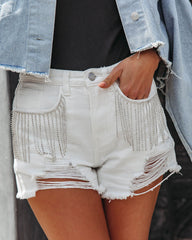 Rhinestone Cowgirl Distressed Denim Shorts - White - SALE Oshnow