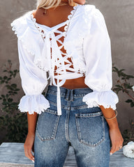 Rhonda Cotton Blend Crochet Lace-Up Crop Top Oshnow