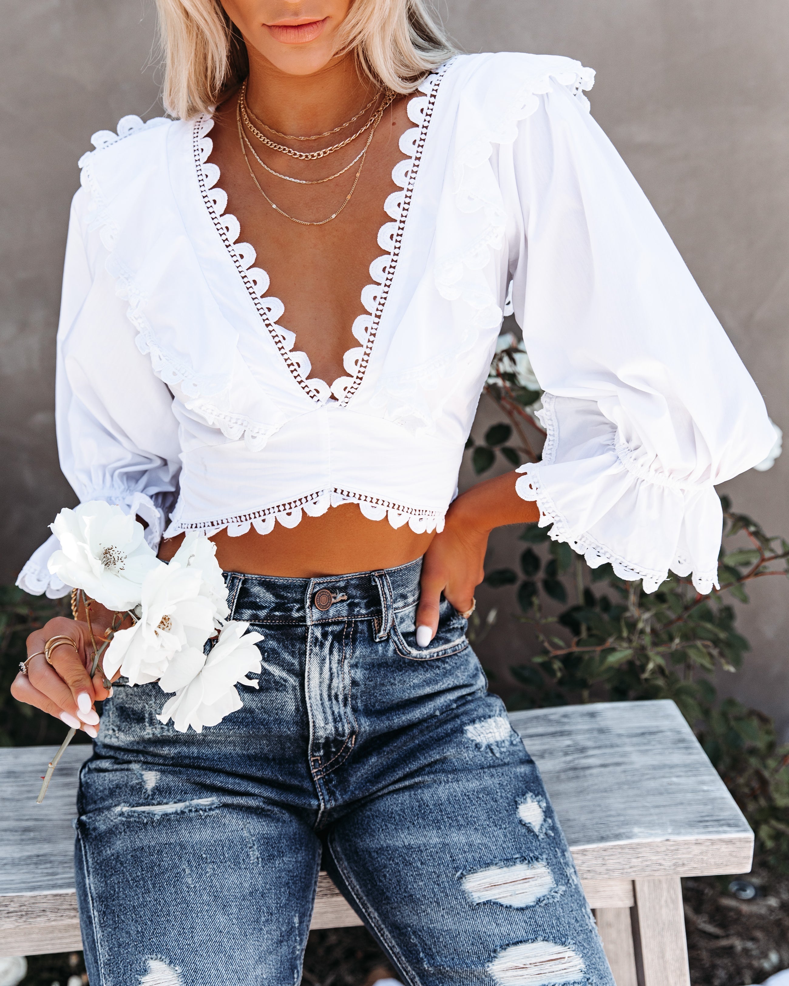 Rhonda Cotton Blend Crochet Lace-Up Crop Top Oshnow