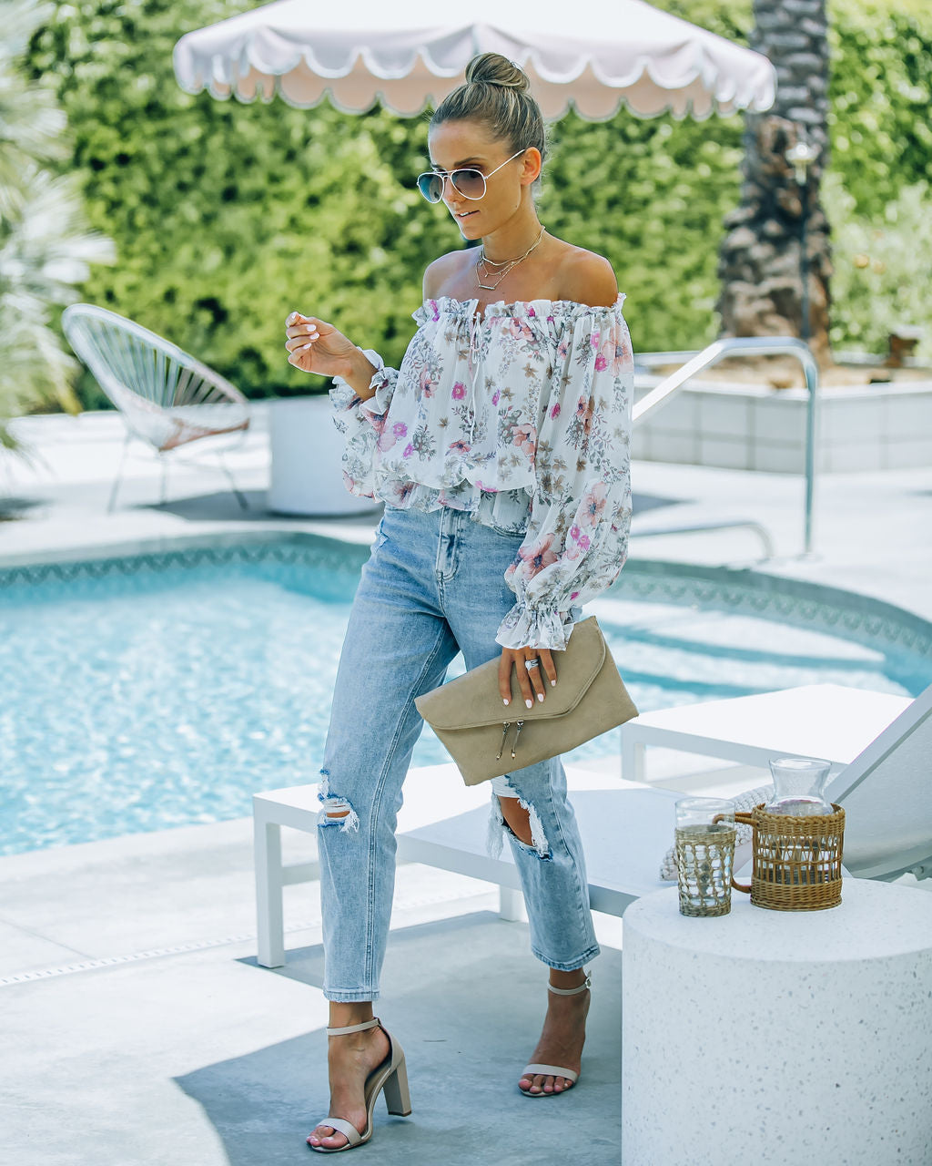 Ria Floral Chiffon Off The Shoulder Blouse Oshnow