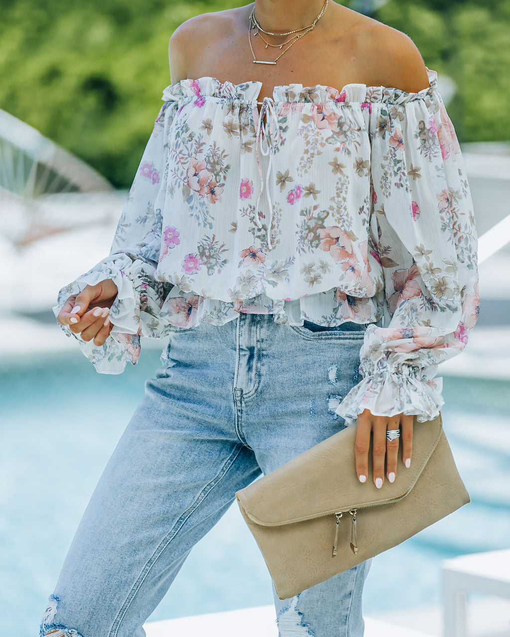 Ria Floral Chiffon Off The Shoulder Blouse Oshnow