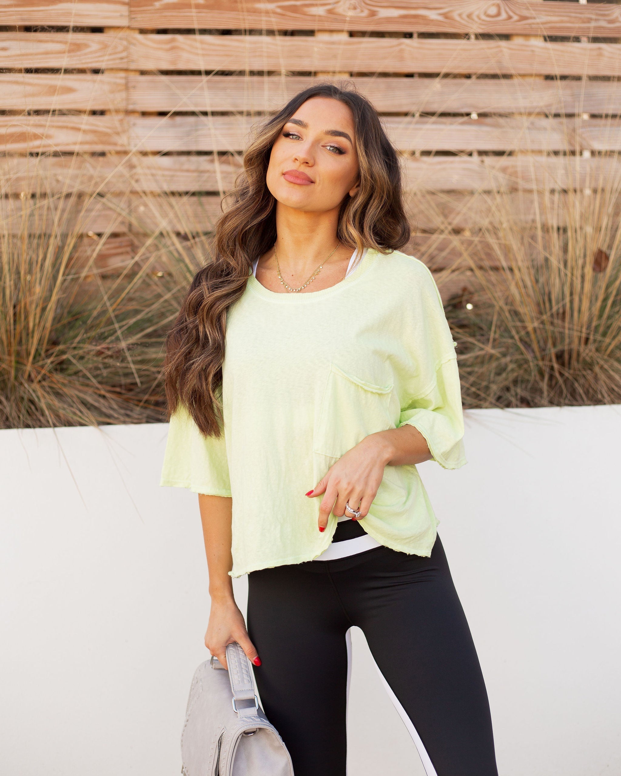 Riah Cotton Distressed Pocket Tee - Neon Lime Oshnow