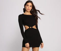 Ribbed Knit O-Ring Mini Dress Oshnow