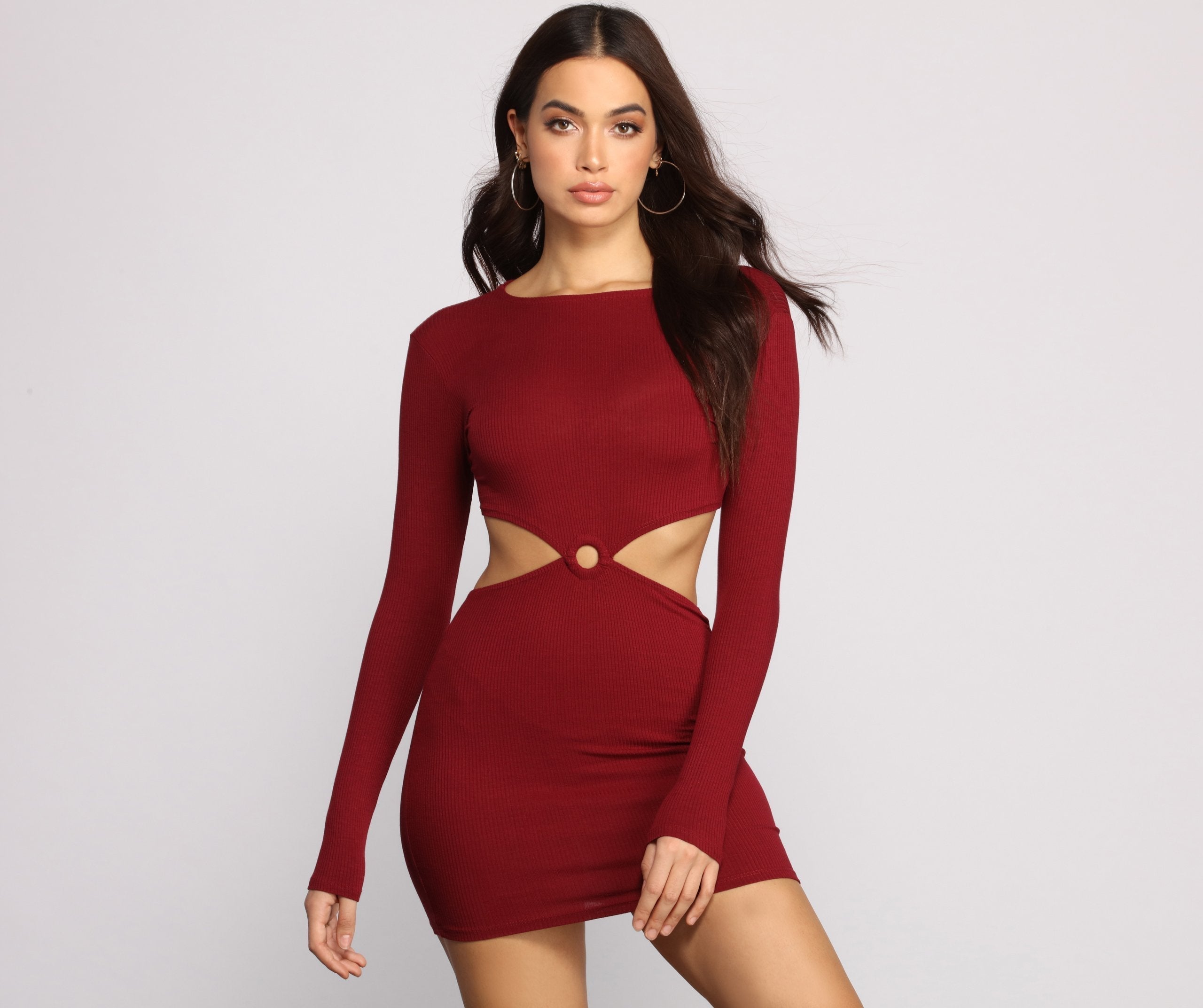 Ribbed Knit O-Ring Mini Dress Oshnow