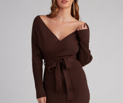 Ribbed Knit Tie-Front Mini Sweater Dress Oshnow