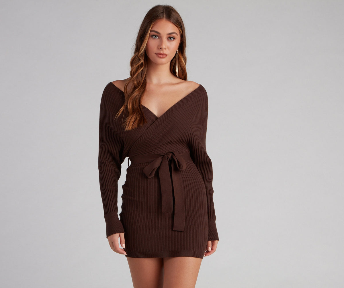 Ribbed Knit Tie-Front Mini Sweater Dress Oshnow