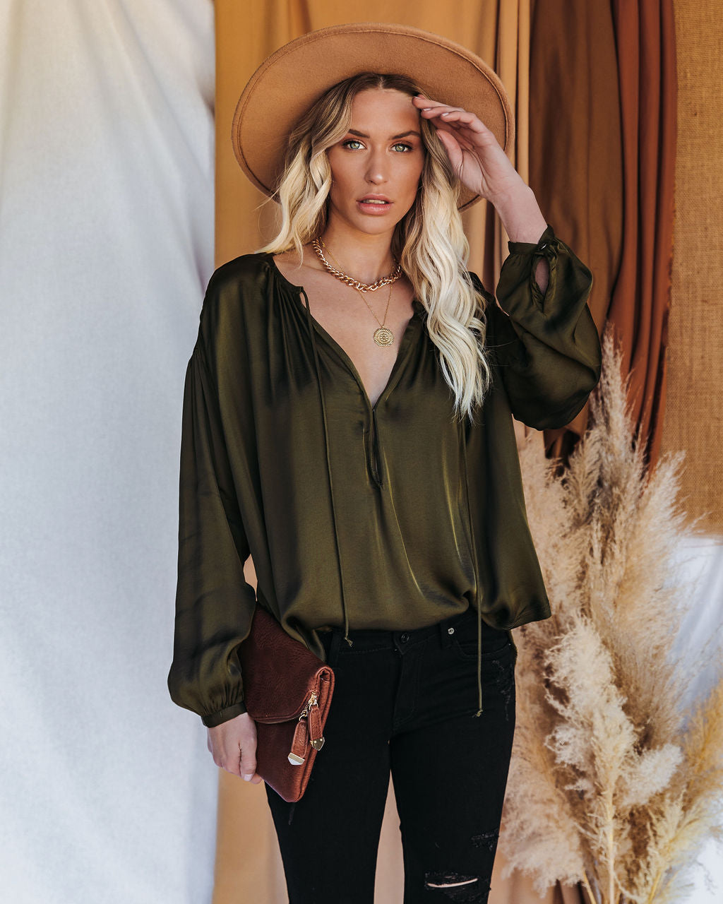 Riker Satin Frayed Blouse - Olive Oshnow