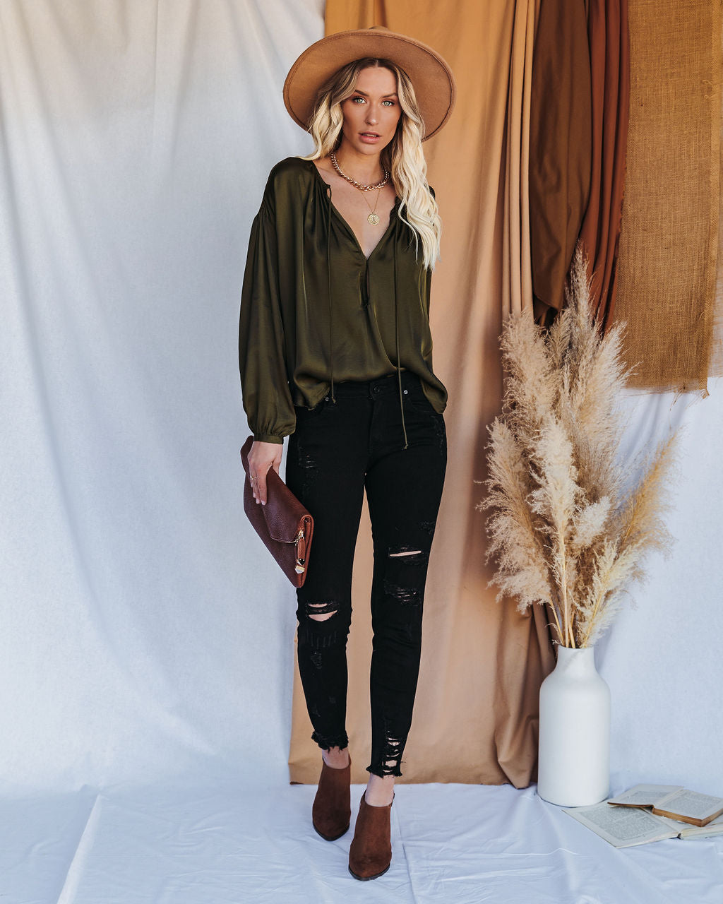 Riker Satin Frayed Blouse - Olive Oshnow