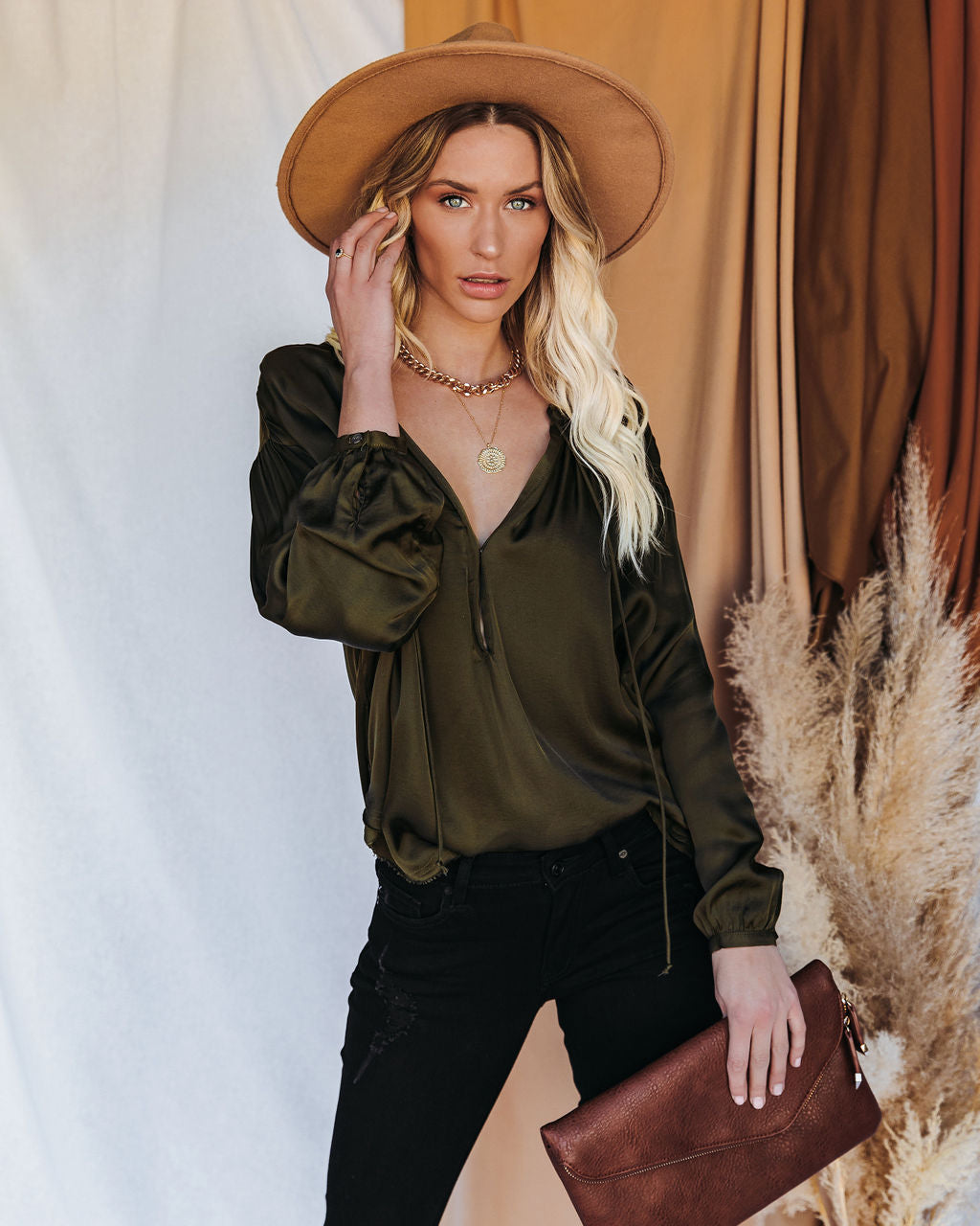 Riker Satin Frayed Blouse - Olive Oshnow