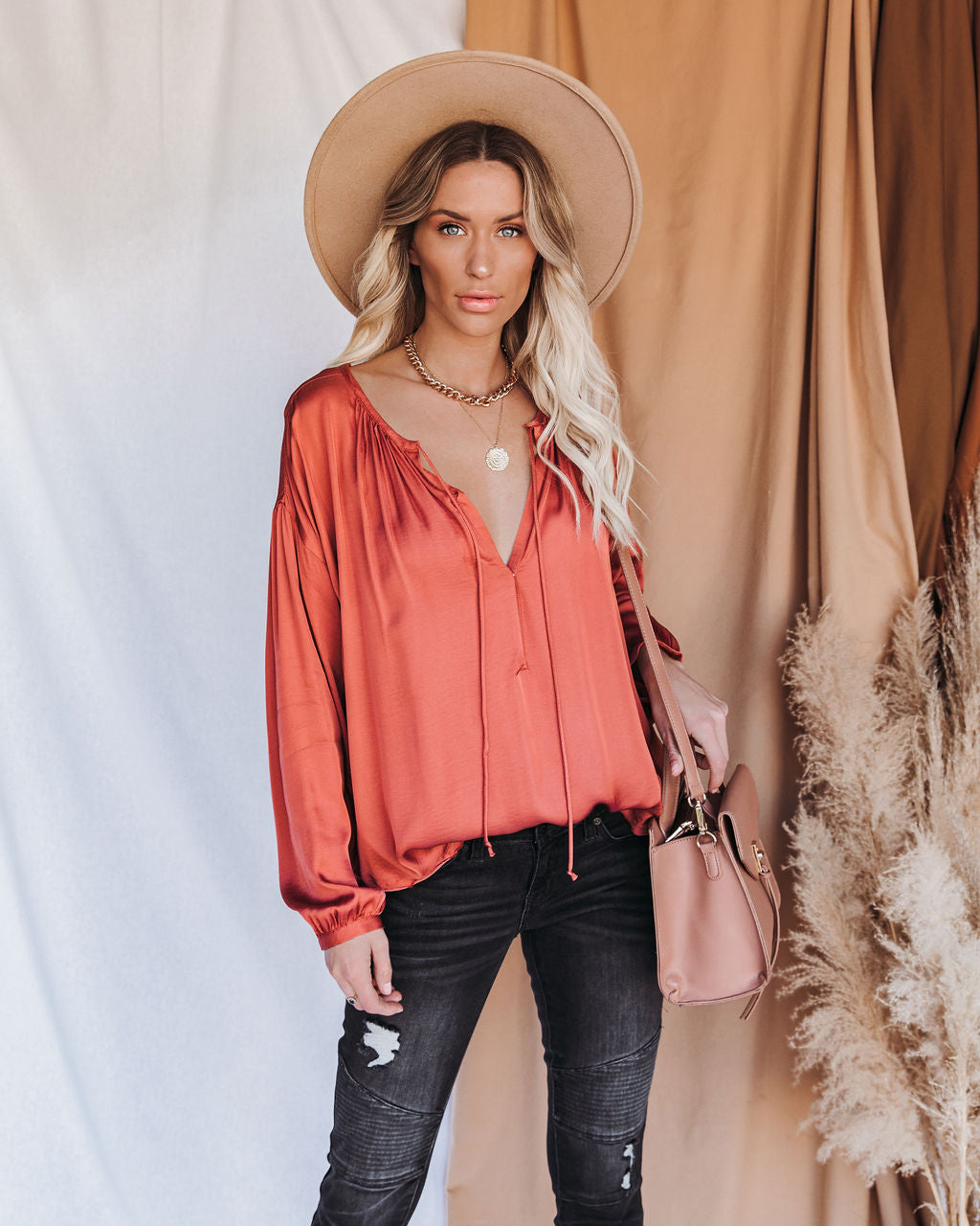 Riker Satin Frayed Blouse - Terracotta Oshnow