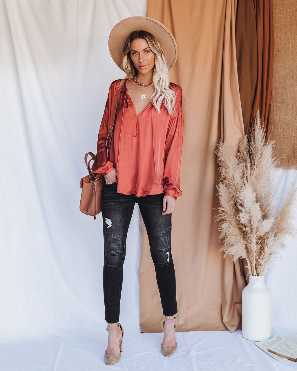 Riker Satin Frayed Blouse - Terracotta Oshnow