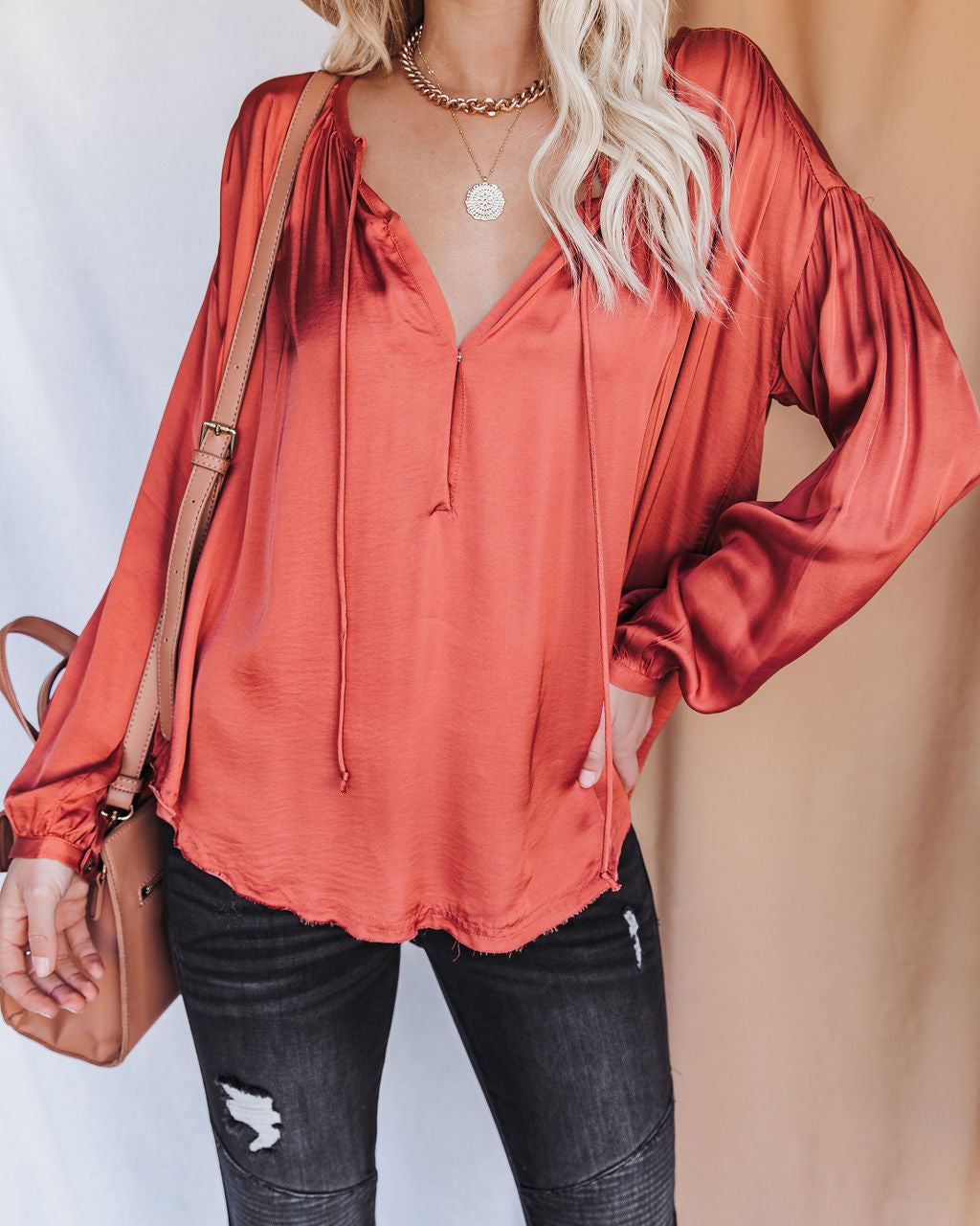 Riker Satin Frayed Blouse - Terracotta Oshnow