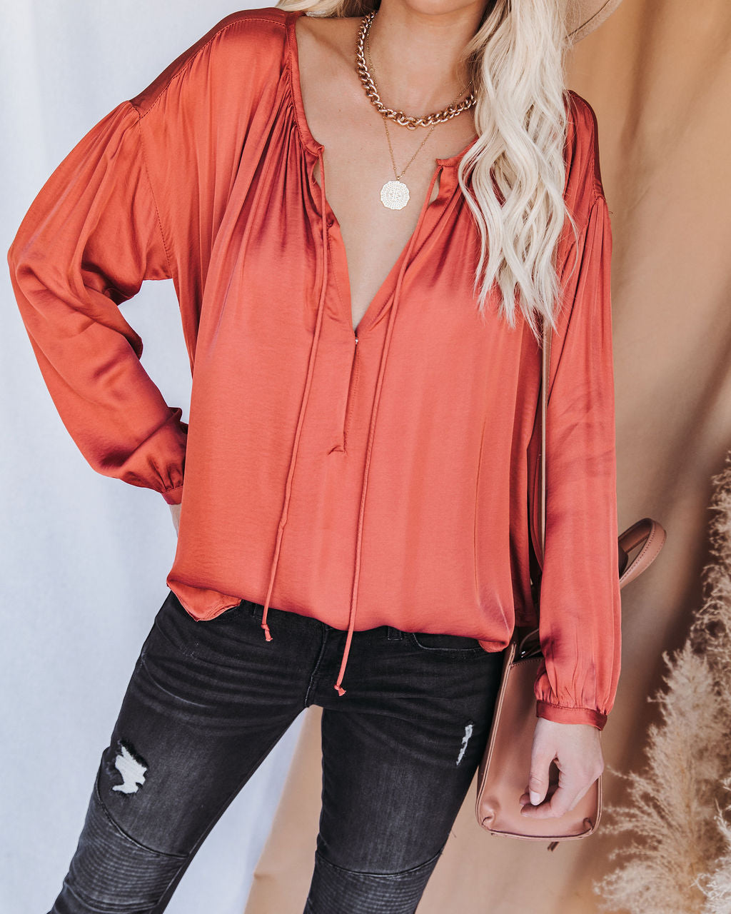 Riker Satin Frayed Blouse - Terracotta Oshnow