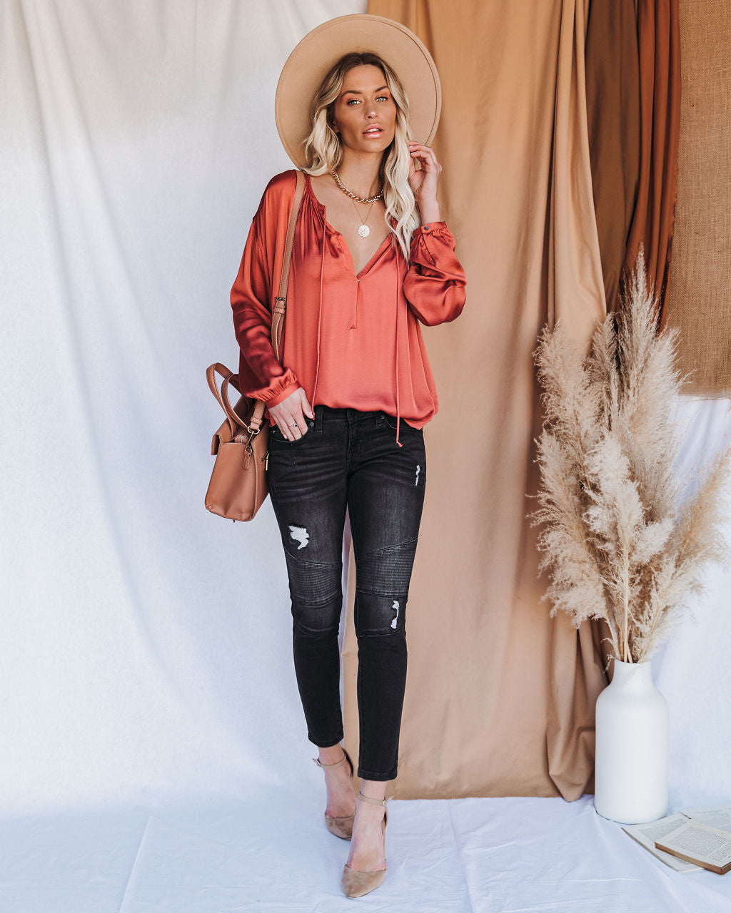 Riker Satin Frayed Blouse - Terracotta Oshnow