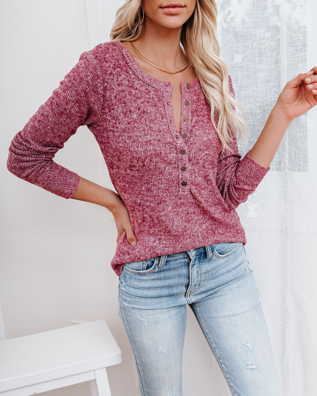 Riva Long Sleeve Knit Henley Top Oshnow