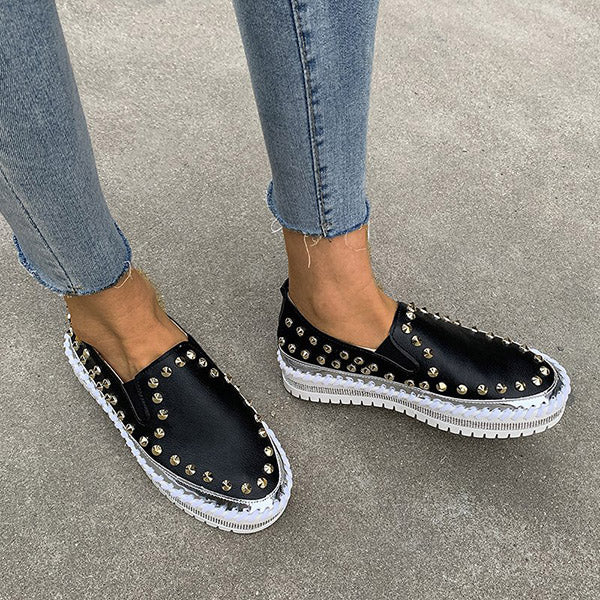 Rivet Rhinestone Thick Sole Loafers Oshnow