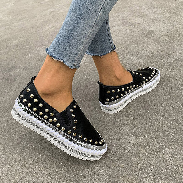 Rivet Rhinestone Thick Sole Loafers Oshnow