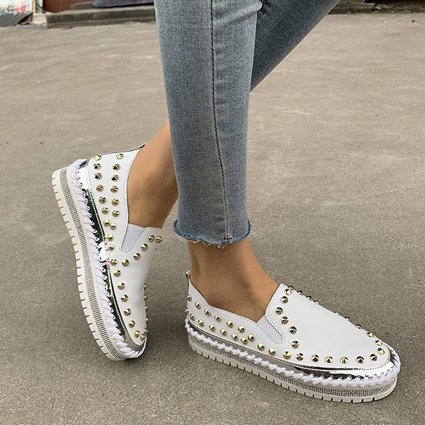 Rivet Rhinestone Thick Sole Loafers Oshnow