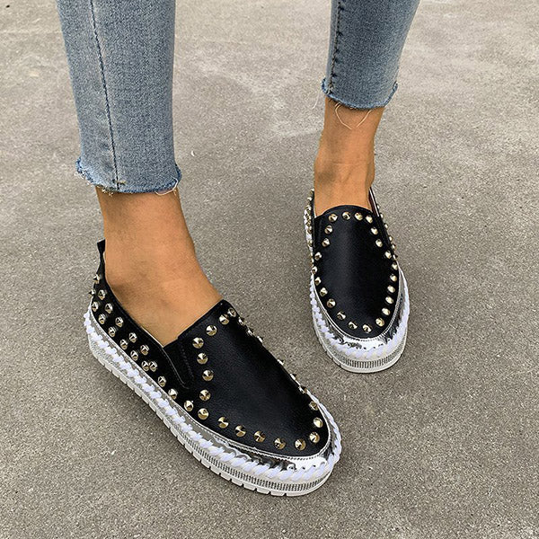 Rivet Rhinestone Thick Sole Loafers Oshnow