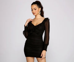 Romantic Ruffle Detail Mesh Bodycon Dress Oshnow