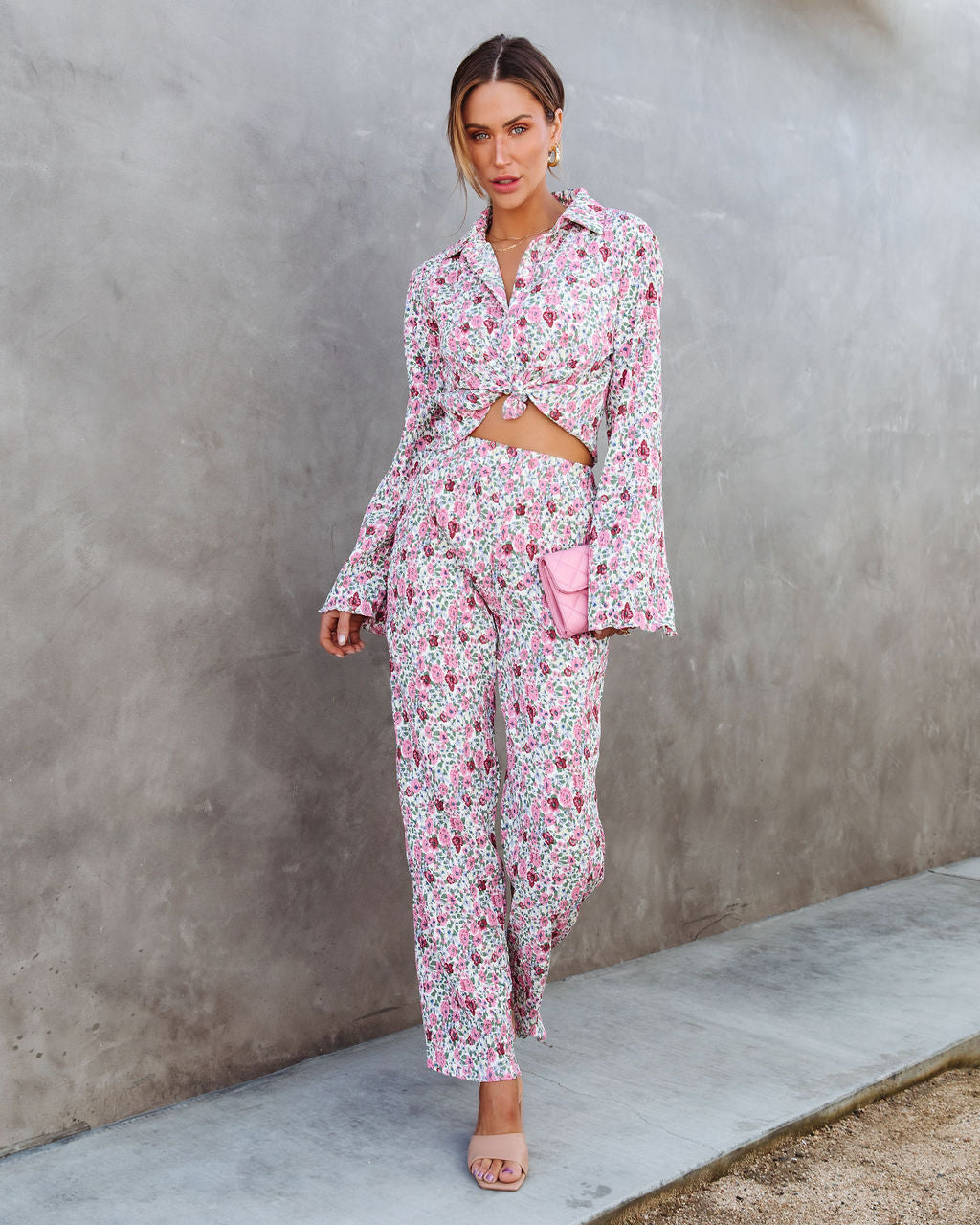 Rosaline Floral Plisse Wide Leg Pants Oshnow