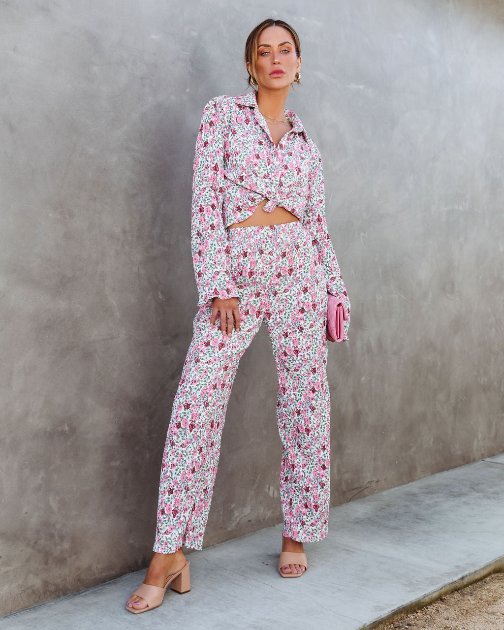 Rosaline Floral Plisse Wide Leg Pants Oshnow