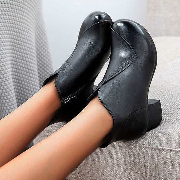 Round Toe Chunky Heeled Solid Color Ankle Boots Oshnow
