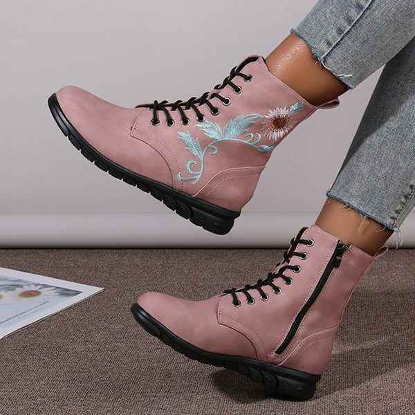 Round Toe Flower Embroidery Flat Ankle Boots Oshnow