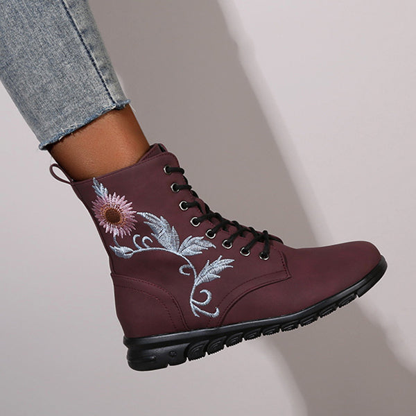 Round Toe Flower Embroidery Flat Ankle Boots Oshnow