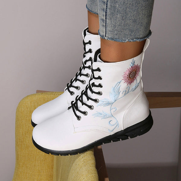 Round Toe Flower Embroidery Flat Ankle Boots Oshnow