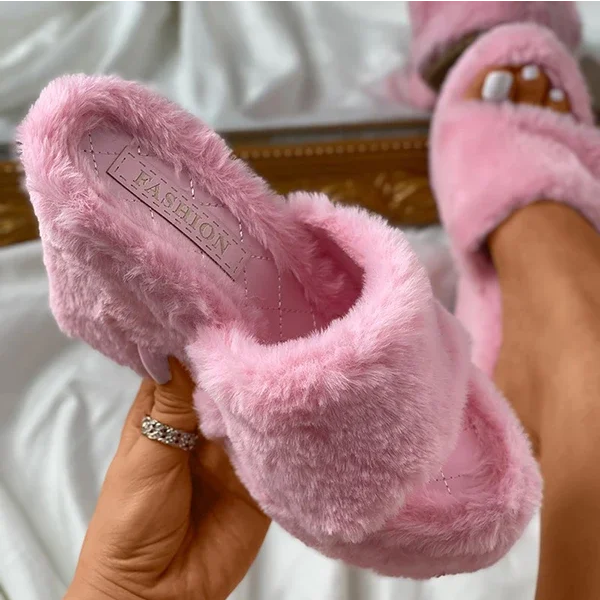 Round Toe Fluffy Wedge Slippers Oshnow