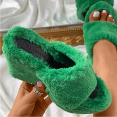 Round Toe Fluffy Wedge Slippers Oshnow