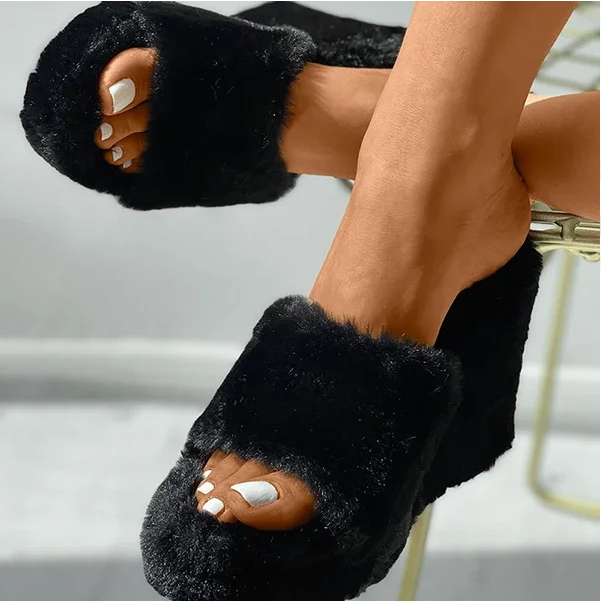 Round Toe Fluffy Wedge Slippers Oshnow