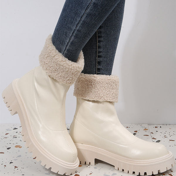 Round Toe Solid Color Warm Ankle Booties Oshnow