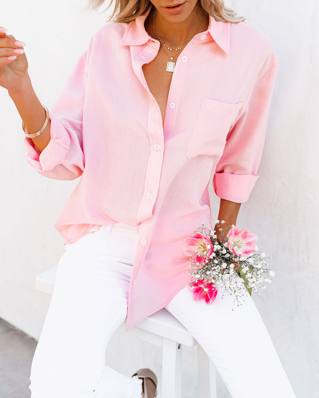 Royce Cotton Button Down Top - Baby Pink Oshnow