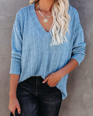 Roza V-Neck Ribbed Knit Top - Blue Oshnow