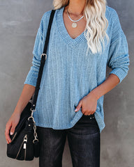 Roza V-Neck Ribbed Knit Top - Blue Oshnow