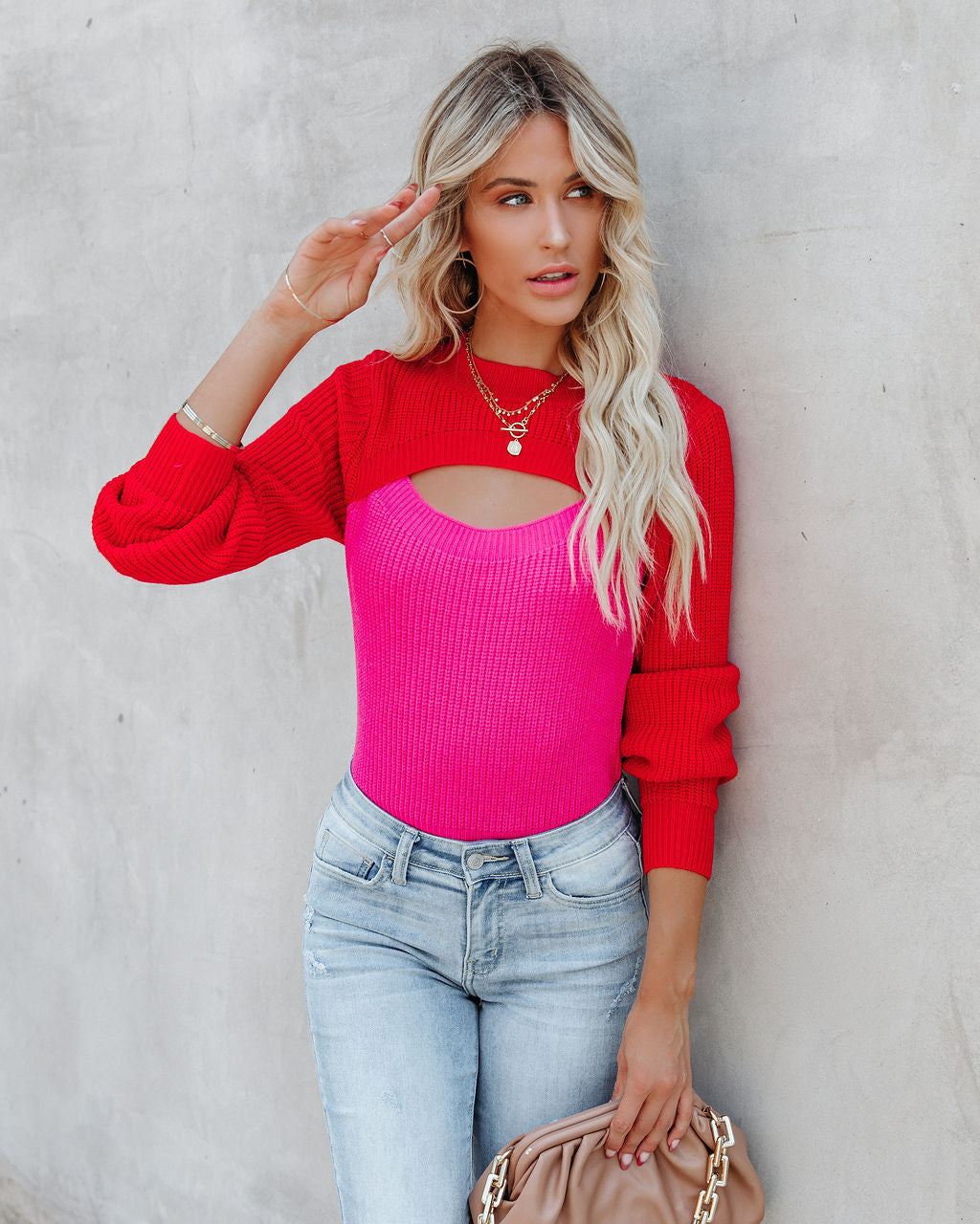 Rozie Colorblock Crop Knit Cutout Sweater - Red Pink Oshnow
