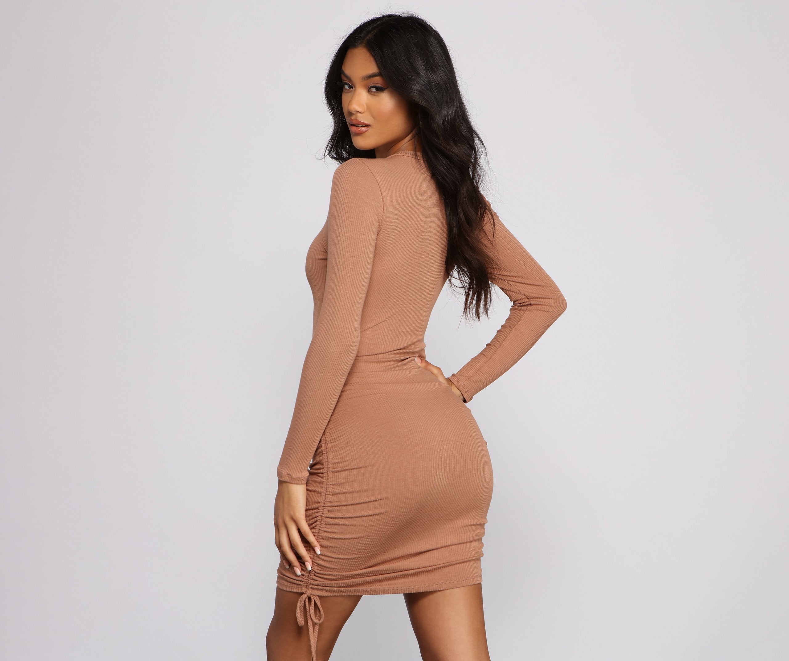 Ruched And Ribbed Knit Crew Neck Mini Dress Oshnow
